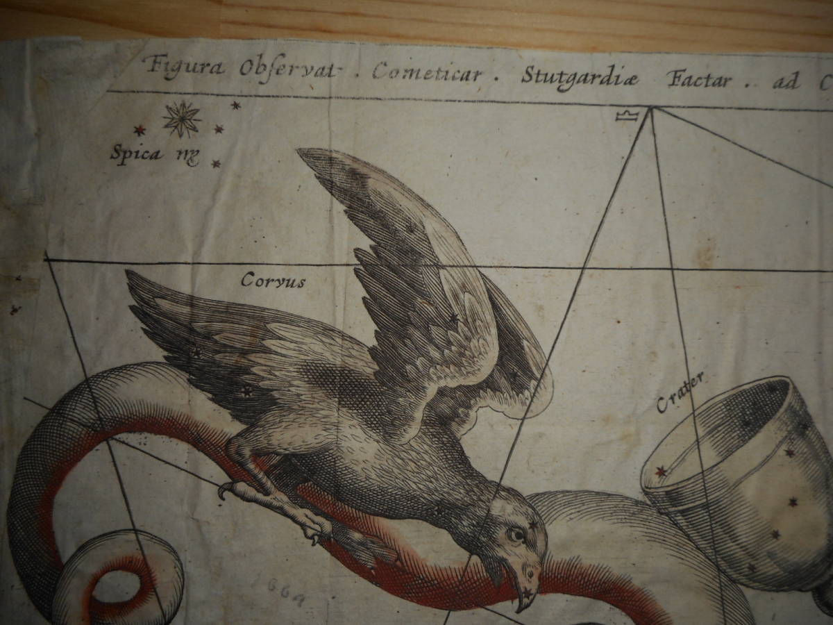 即決アンティーク、天文、天体、星座早見盤、天球図、手彩色木版画、星図、1670年頃『彗星出現図』Star map, Planisphere, Celestial atlas_画像2