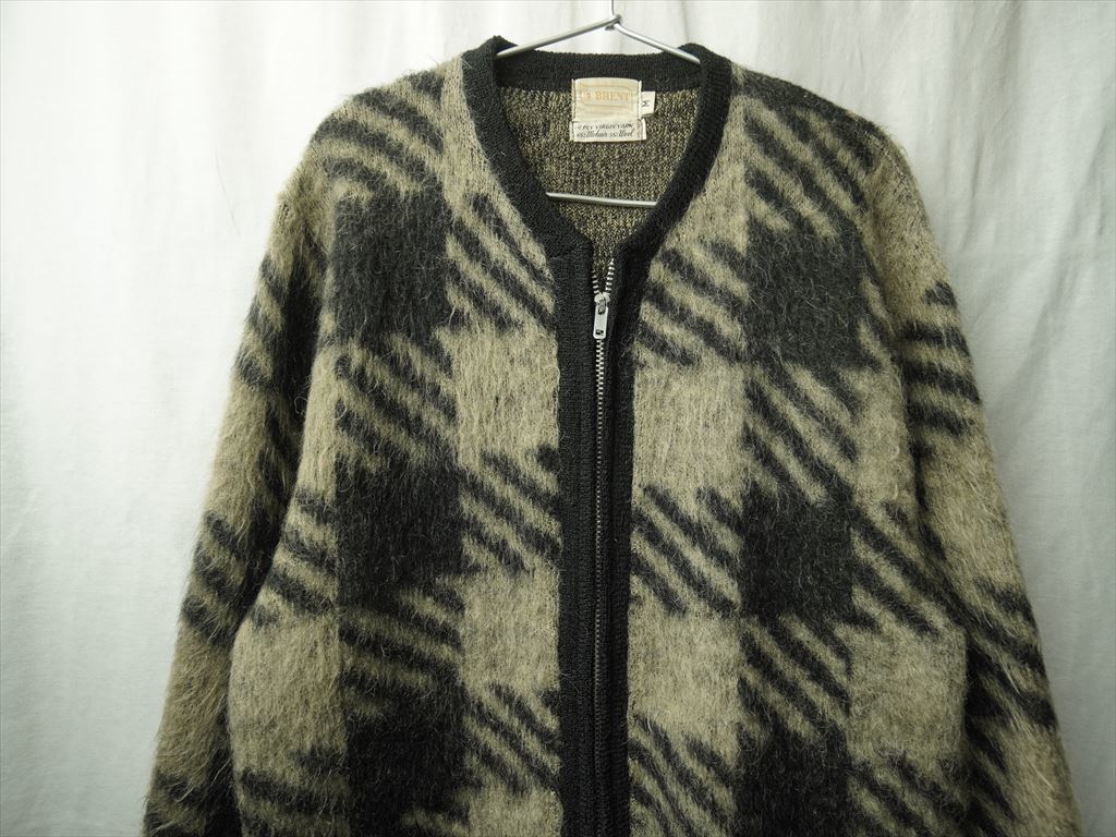 50s60s BRENTmo hair 65% thousand bird .. check mo hair cardigan ZIP front tea black M