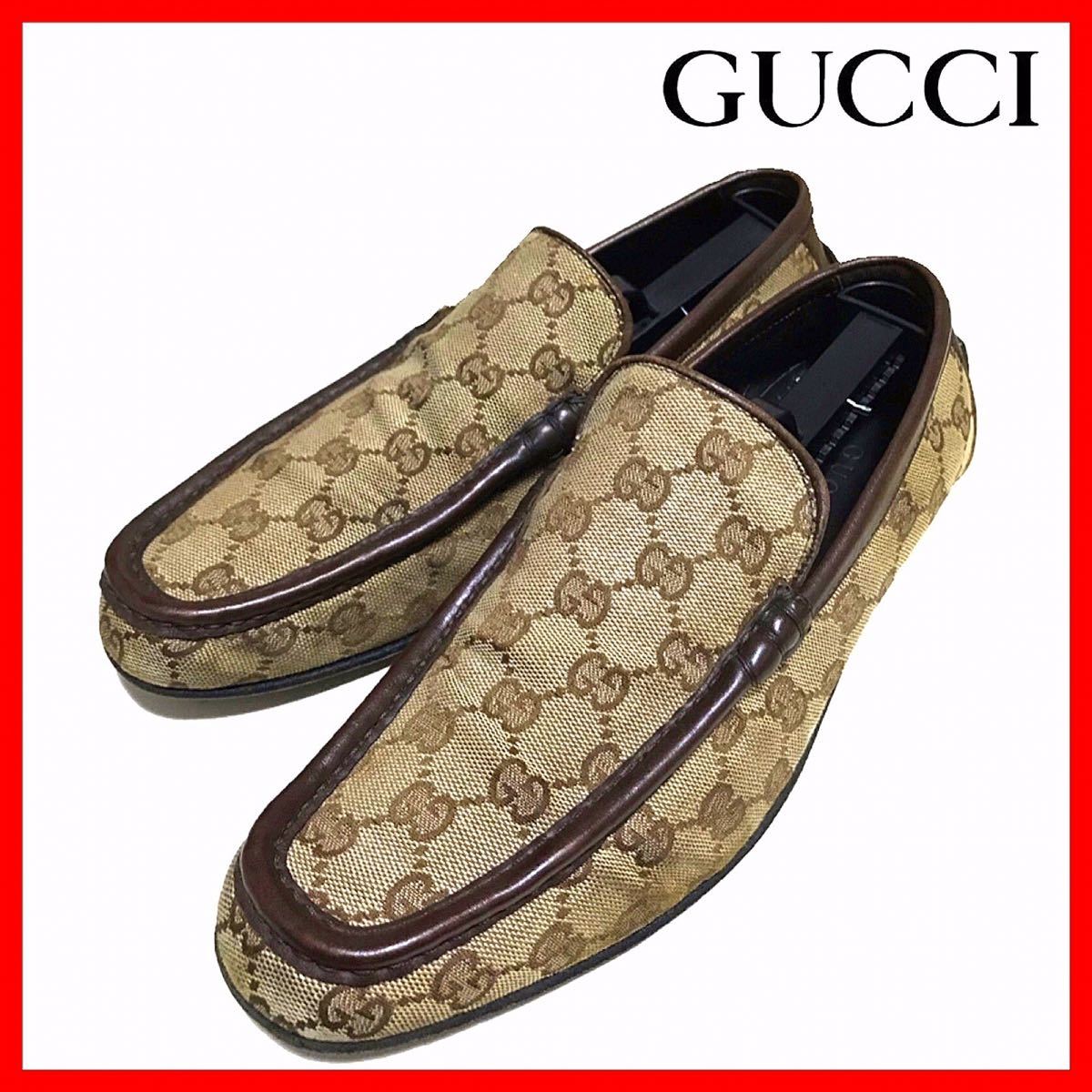 GUCCI〉GG柄 ローファー スリッポン レザー キャンバス ドライビング