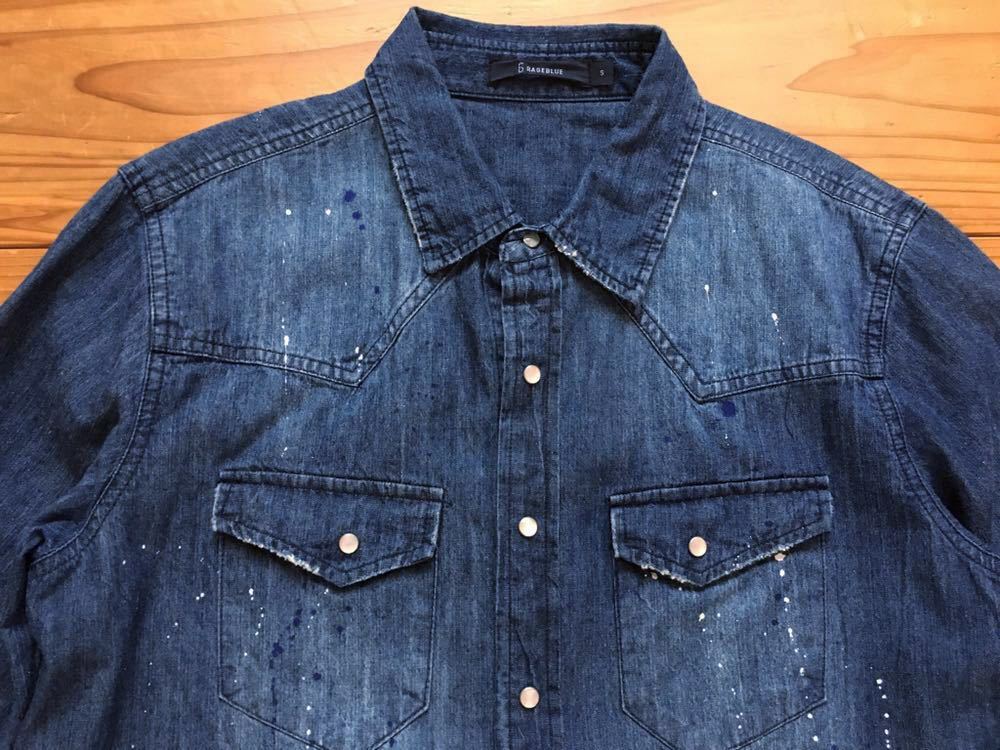 RAGEBLUE мужской Dungaree рубашка S размер Western Vintage краска повреждение Denim рубашка б/у одежда American Casual Rageblue ⑫5