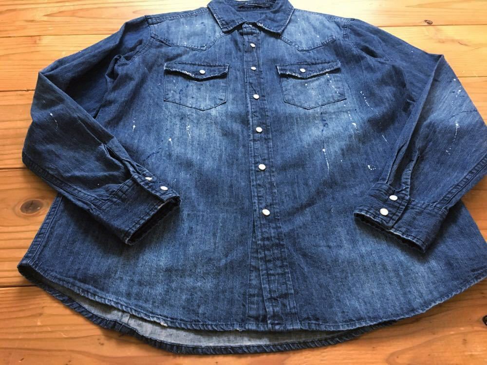 RAGEBLUE мужской Dungaree рубашка S размер Western Vintage краска повреждение Denim рубашка б/у одежда American Casual Rageblue ⑫5