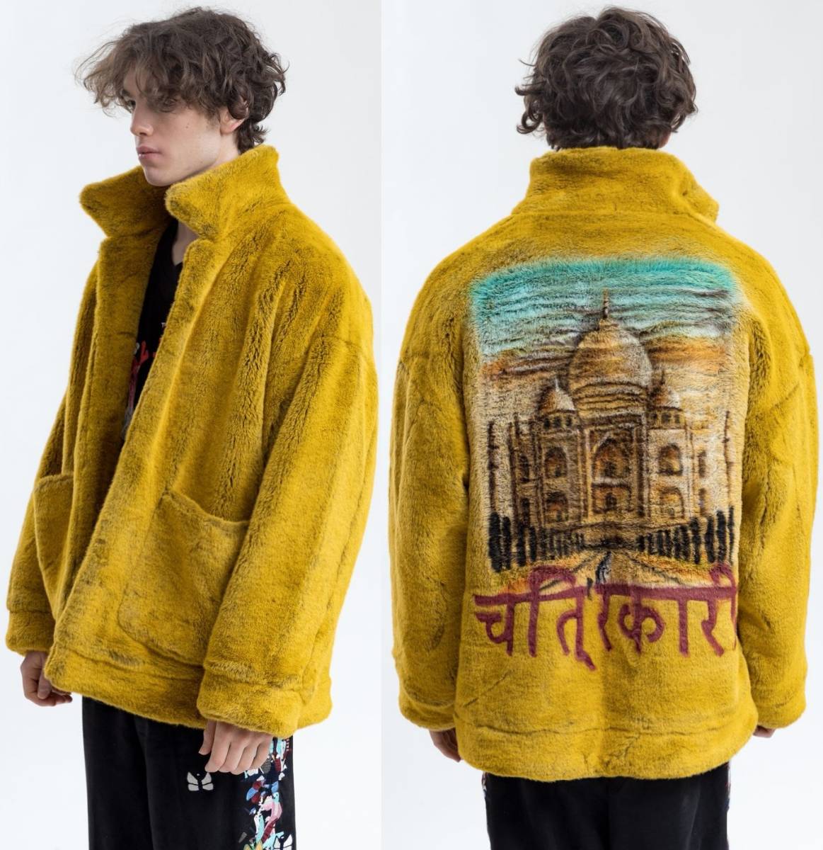 新品□20AW doublet HAND-PAINTED FUR JACKET M YELLOW□ハンド