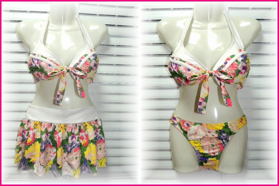 * separate swimsuit bikini skirt set 7 number /S white ground × floral print *