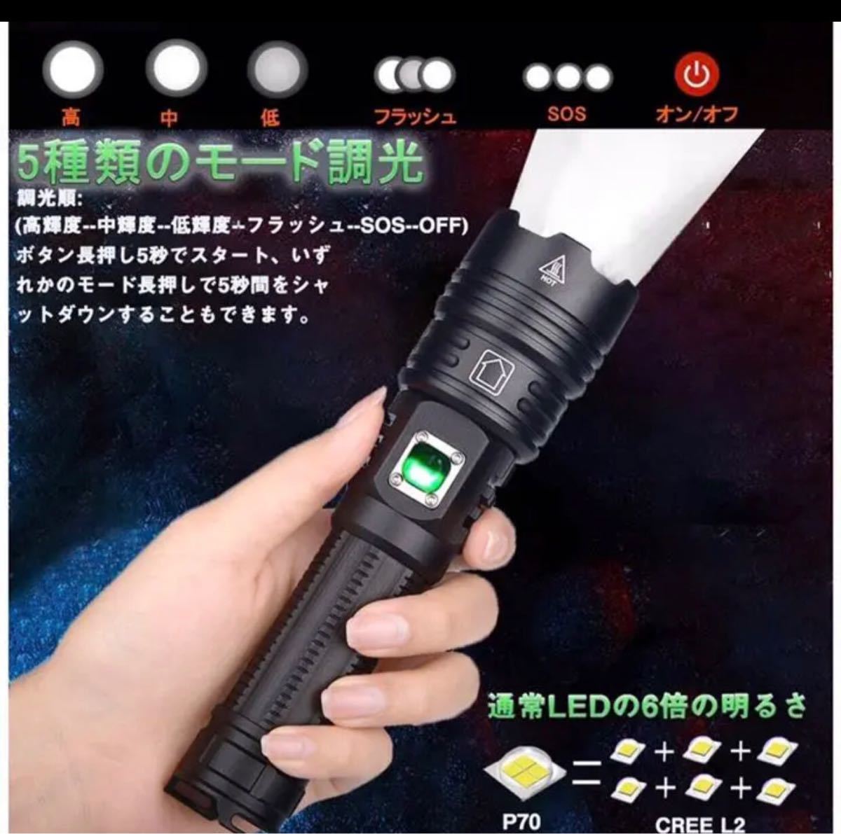 懐中電灯 Led ライト 調光 強力 軍用 XHP70 超高輝度5000lm