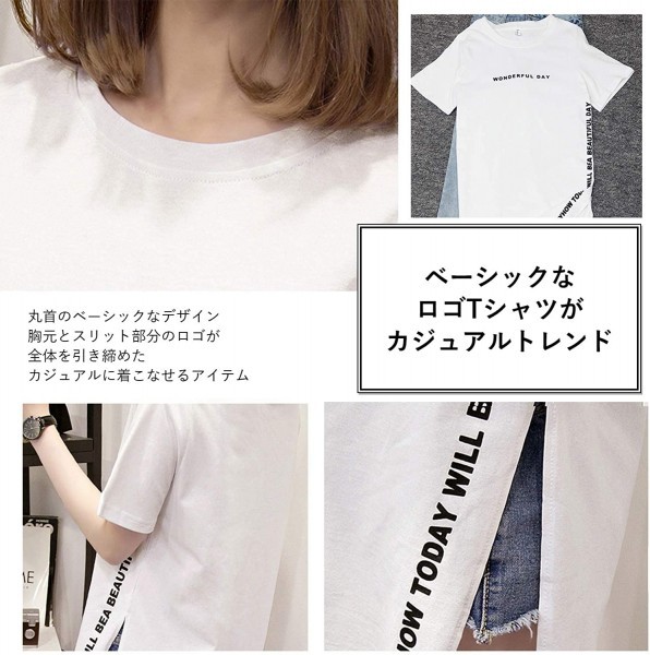 送料込 新品 Tシャツ レディース カットソー ロング丈 春 半袖 ロゴ プリント ミニ ワンピース 英字 ホワイト M_画像2