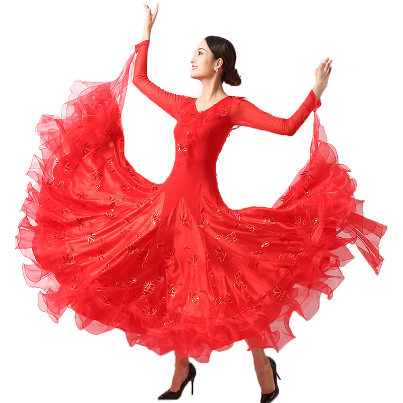 レディース社交ダンスドレス　競技ワンピース　ダンス衣装　花柄スカート　サイズ調整可　S～XL　赤色