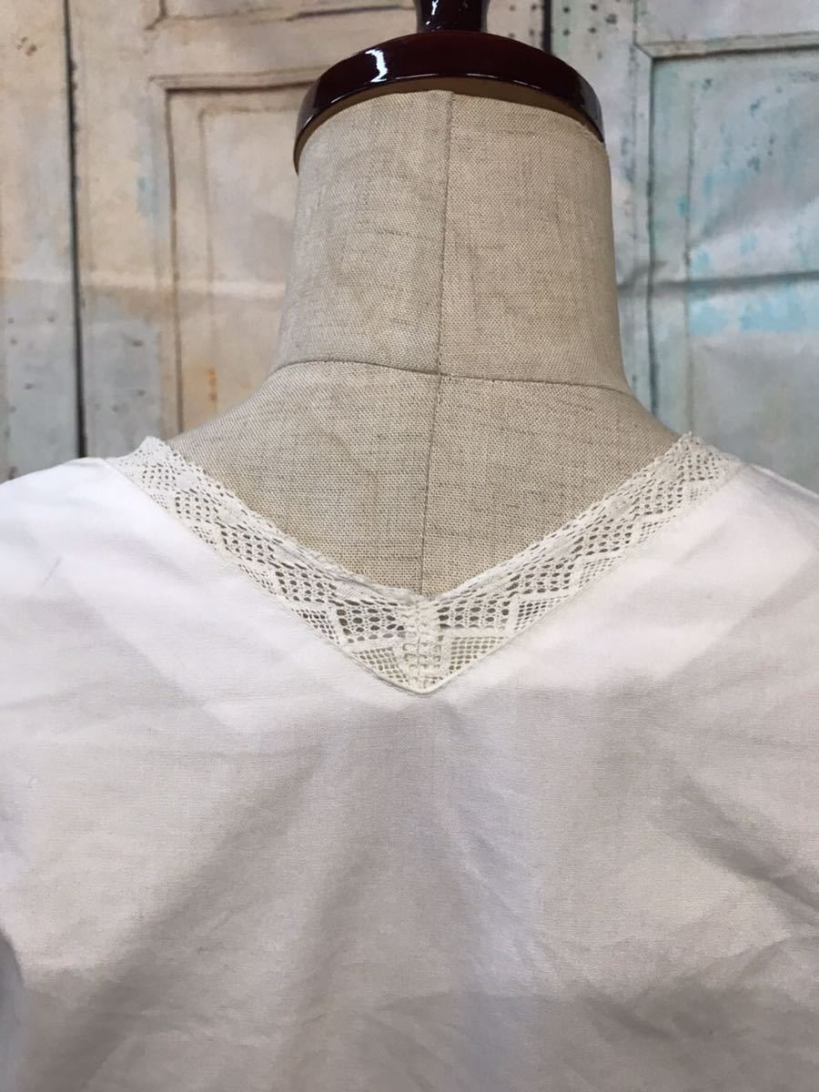 イギリスヨーロッパ古着コットン プリーツ　　レース ブラウス lace frill blouse shirt 半袖シャツLV567_画像9