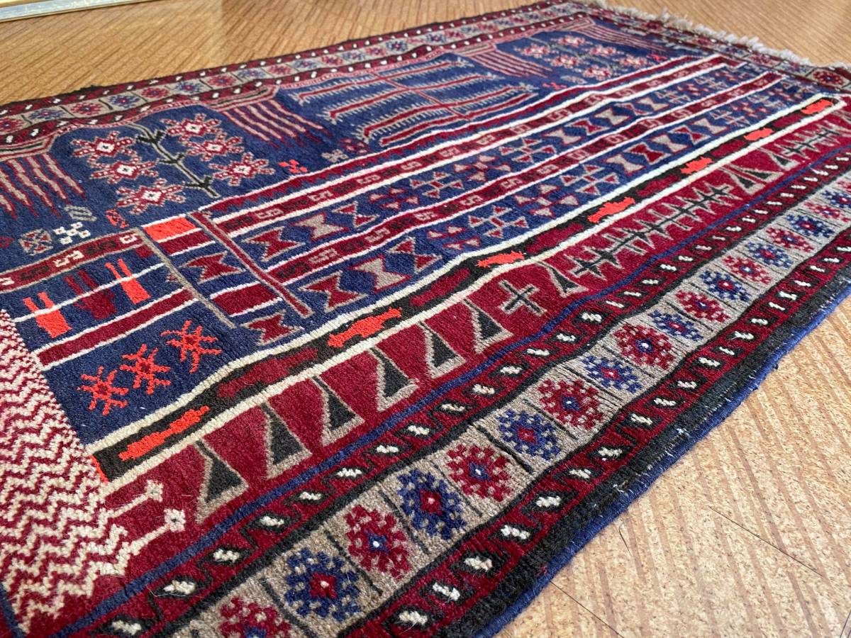 ペルシャ手織り絨毯 トライバルラグ バルーチ族 部族絨毯 ヴィンテージ Size 133x80cm STN 132