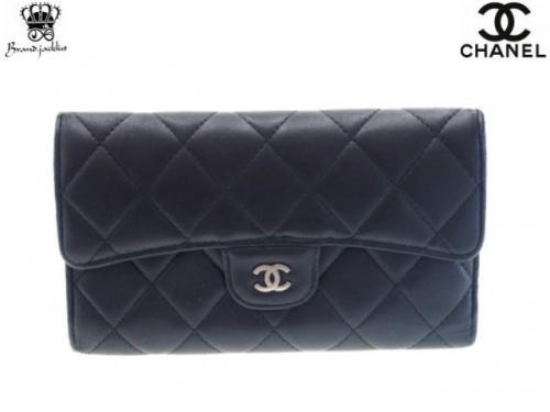 【Used 通常品】シャネル CHANEL マトラッセ 三つ折り 長財布 ラムスキン レザー ブラック シルバー金具 ホック