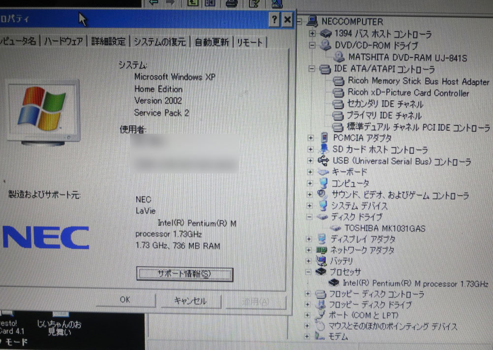 【NEC】 LaVie LL900/DD 15インチノート WindowsXP起動確認 ジャンク品 Pentium 1.73Ghz RAM768MB_画像10