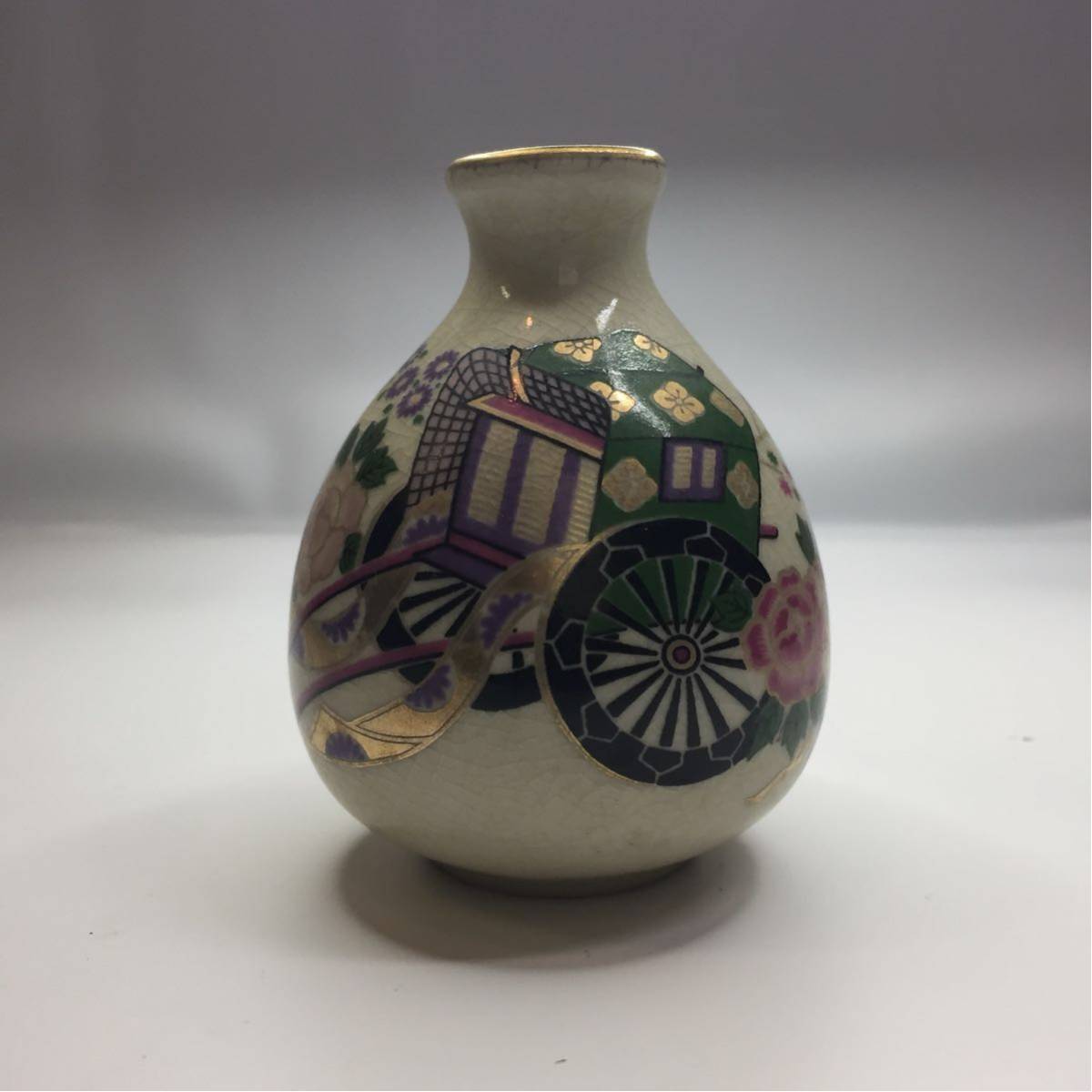 【中古品】九谷/九谷焼 一輪挿し 駕籠 牛車 馬車 花器 花瓶 花壺 染付 小壺 陶器 陶磁器 花活け 生け花 伝統工芸 民芸 焼き物 徳利花 Na16_画像1