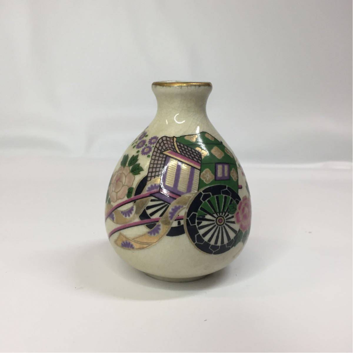 【中古品】九谷/九谷焼 一輪挿し 駕籠 牛車 馬車 花器 花瓶 花壺 染付 小壺 陶器 陶磁器 花活け 生け花 伝統工芸 民芸 焼き物 徳利花 Na16_画像2