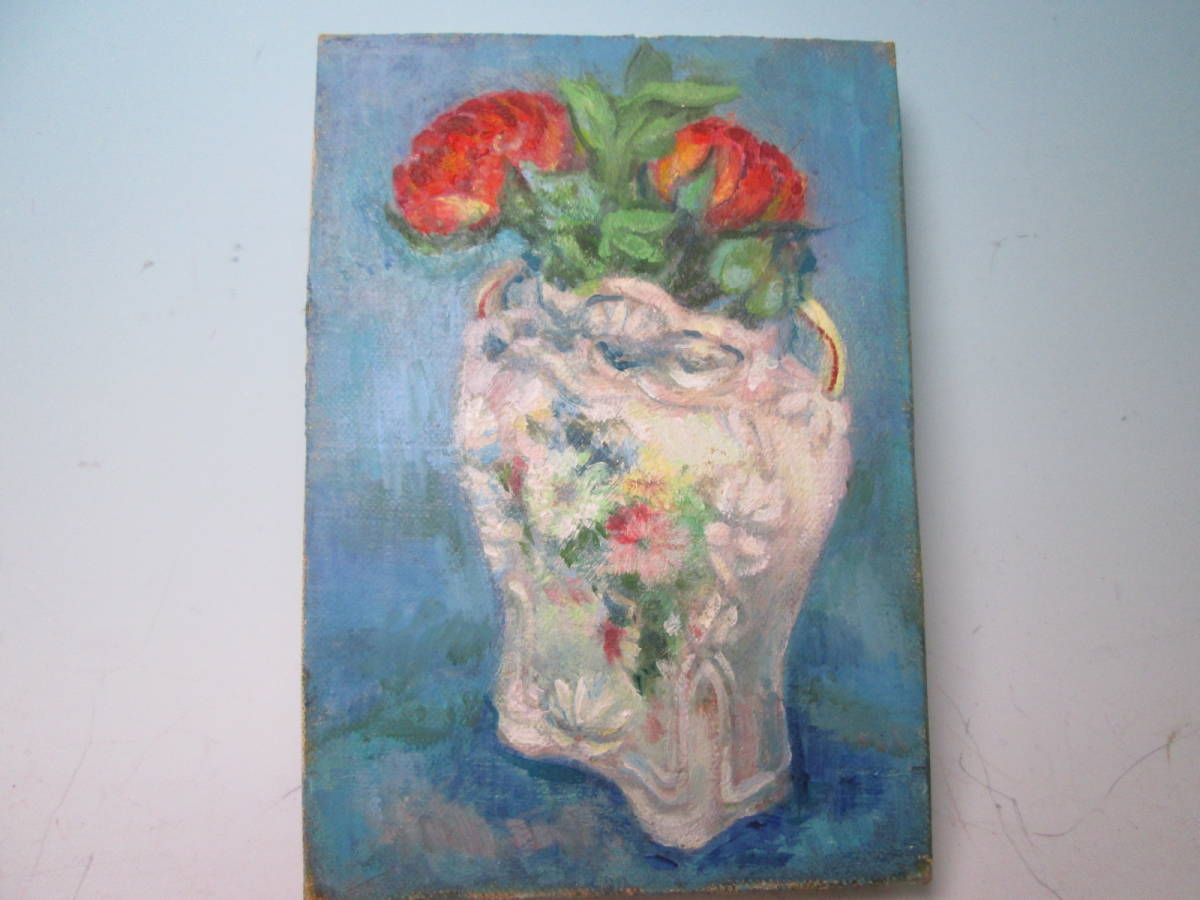 池内 ユリ 画『オーストリア花瓶に花』油彩 0号 額装