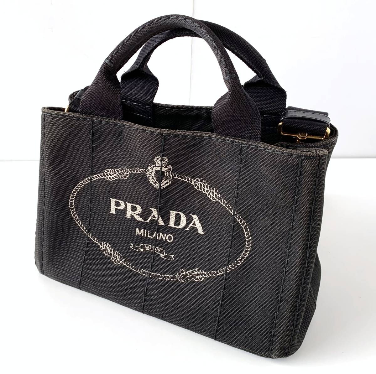 ★美品 PRADA プラダ CANAPA カナパ トートバッグ ショルダーバッグ 2wayバッグ 黒 ブラック キャンバス 本物