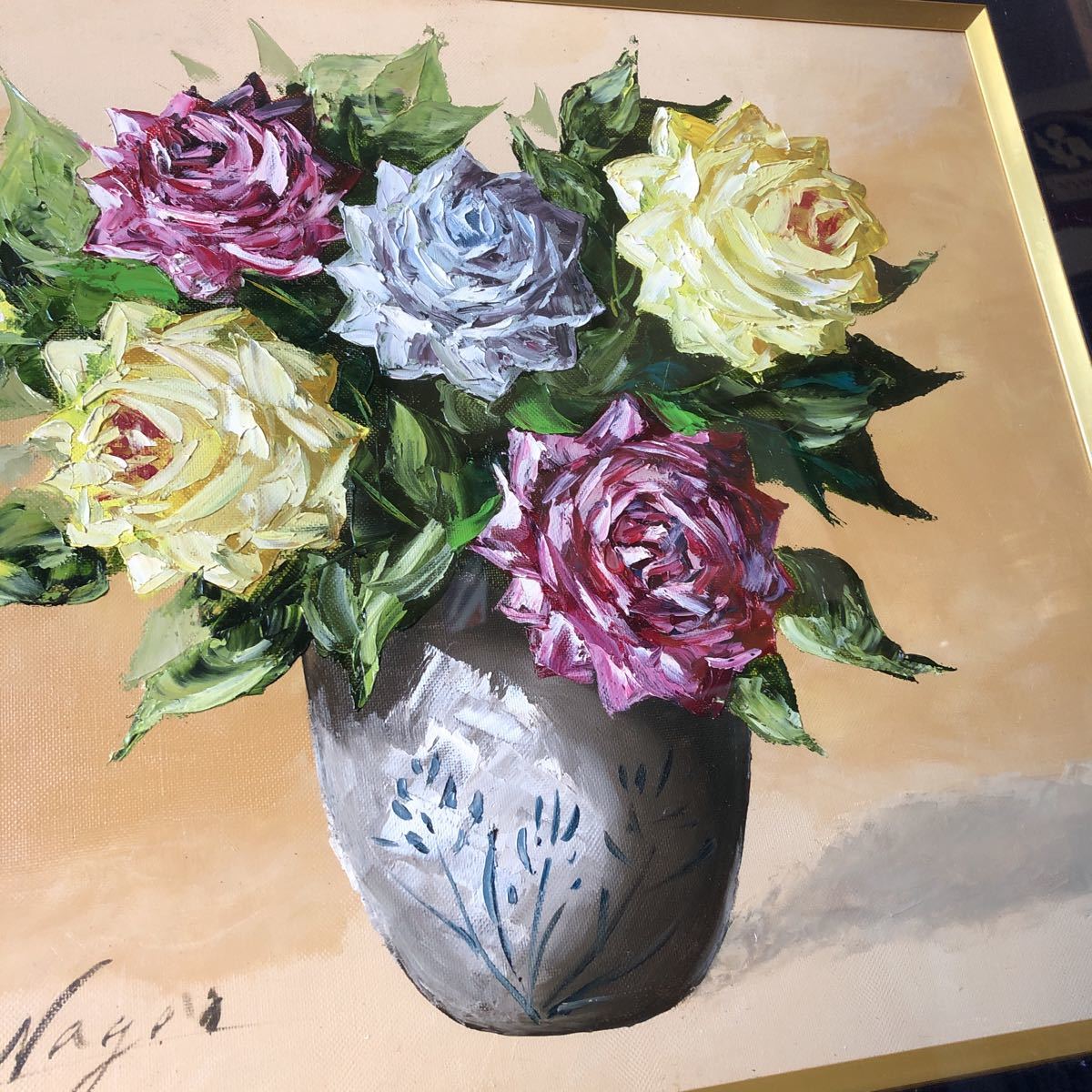 油絵?油画?長尾俊ニ バラ 薔薇の絵 年代不明 花好きな方 油絵?油画?長尾俊ニ バラ 薔薇の絵 年代不明 花好きな方