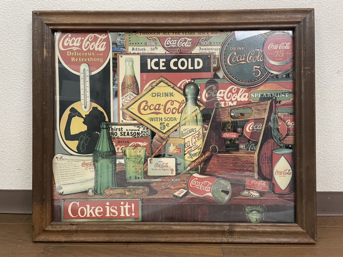 '80s Coca-Cola パブミラー ウッドフレーム　コカコーラ アメリカン雑貨 レトロ　木製フレーム　Coke is it!