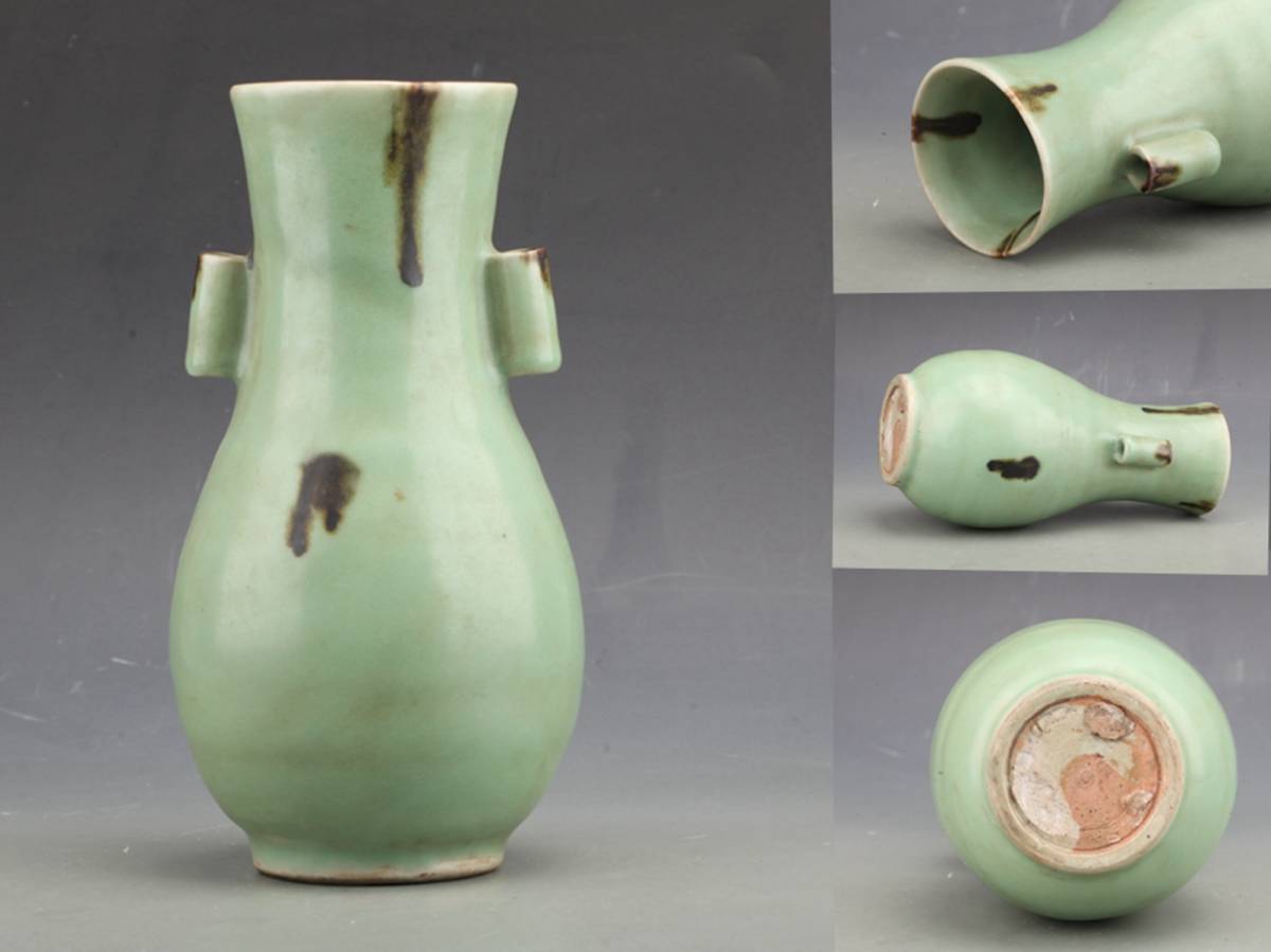 最新人気龍泉窯宋時代青磁直径12cm 貫耳花瓶!高さ22cm 點彩釉宋
