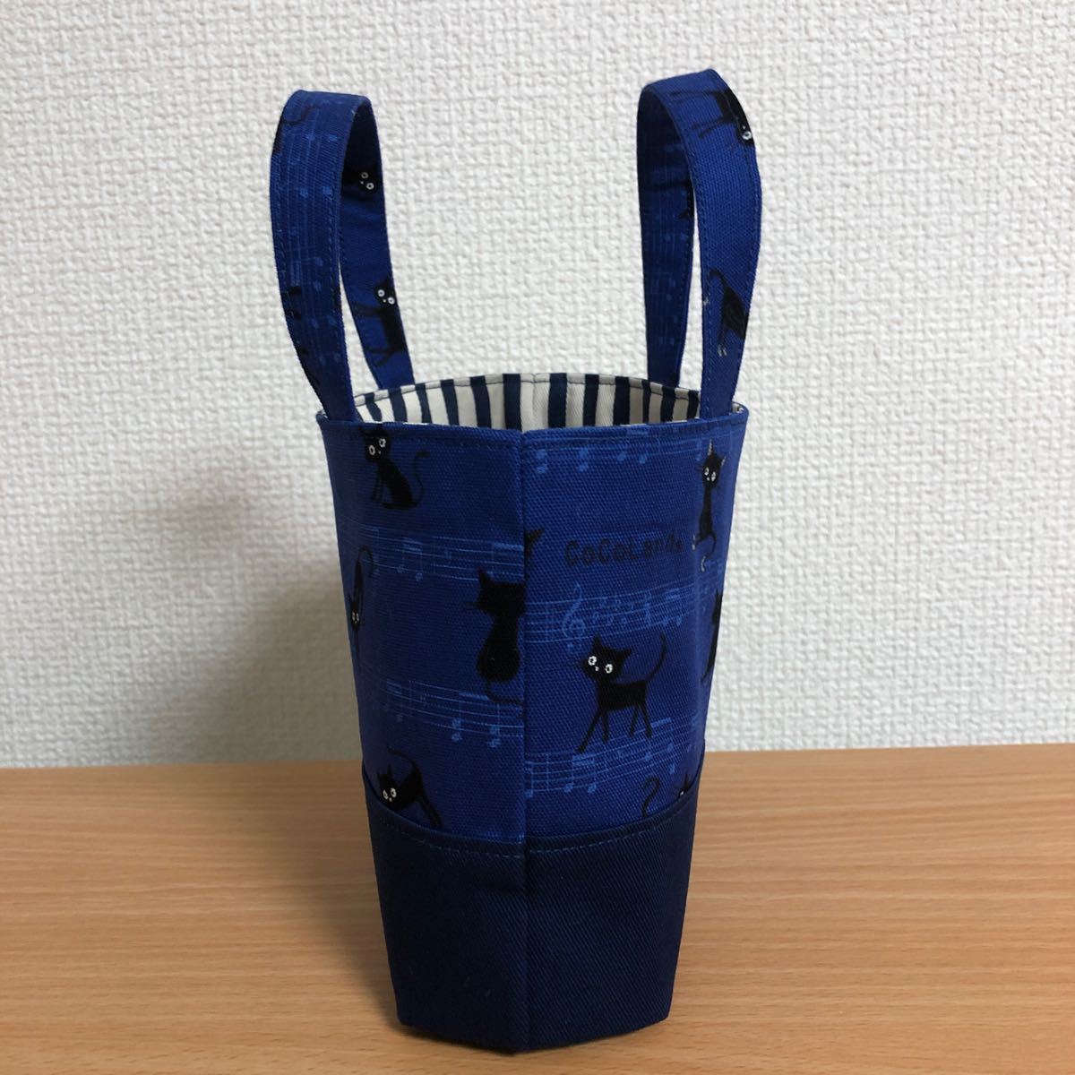 ハンドメイド　トートバッグぷらすわんミニ　黒猫音符青