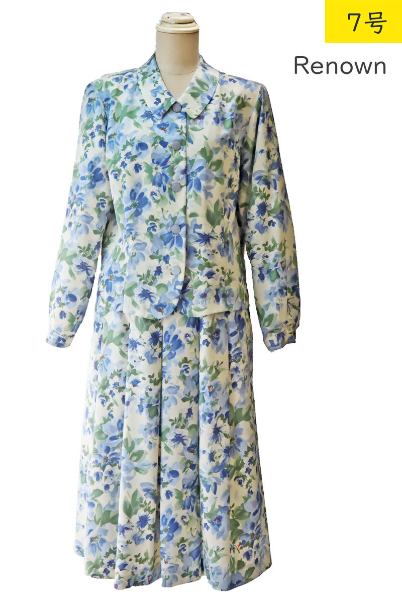 tp46 レディース　ツーピース　スカートスーツ　7号　Sサイズ　ブルー　花柄　ミセス　新古品　未使用　長期保管品　レナウン　アデンダ