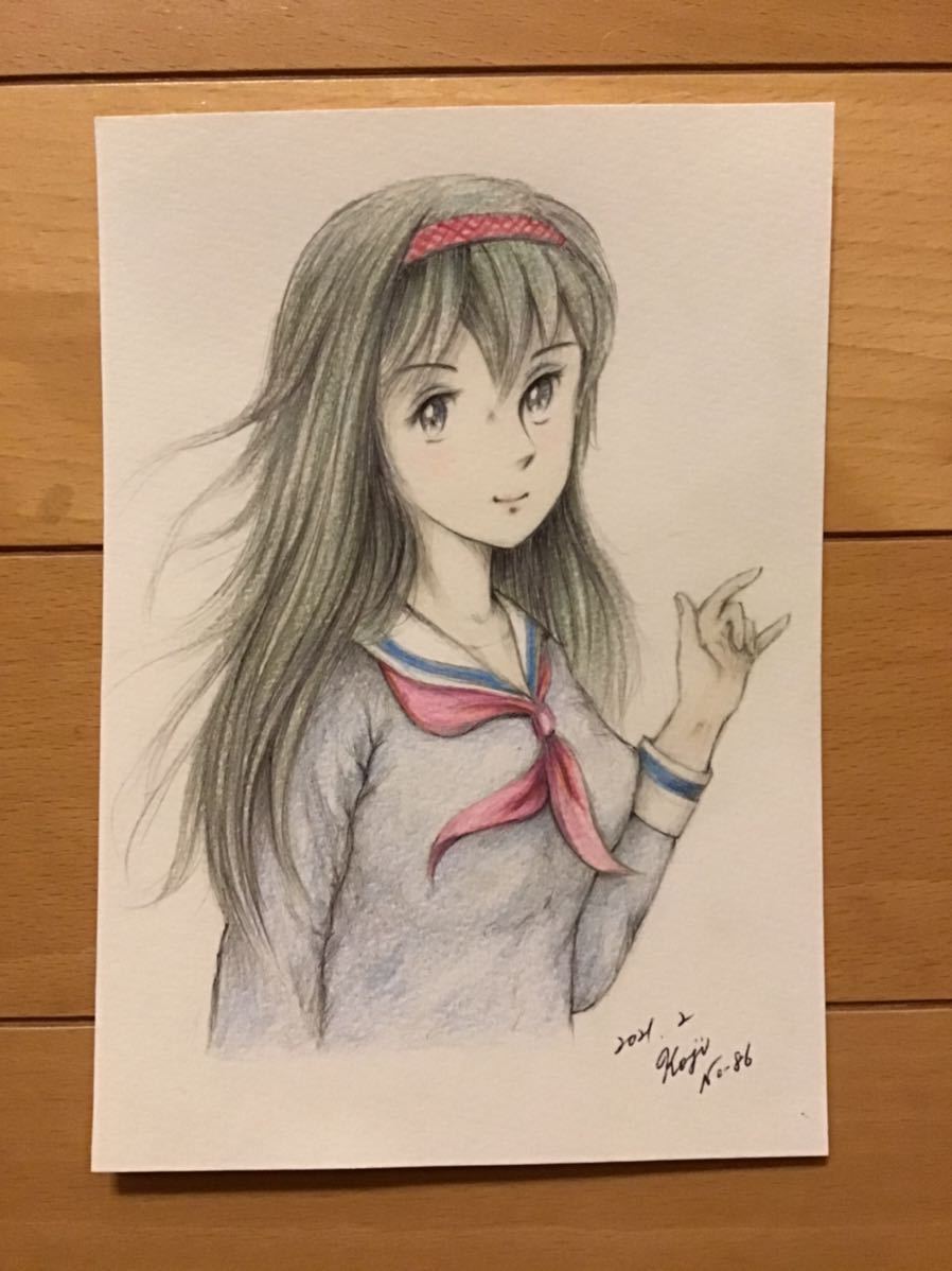 手書きイラスト 女の子 86 No サイズ16 5 11 5 セーラー服の少女 ボールペン 新品 画用紙 色鉛筆 鉛筆 非売品 数量限定 特売 セーラー服の少女