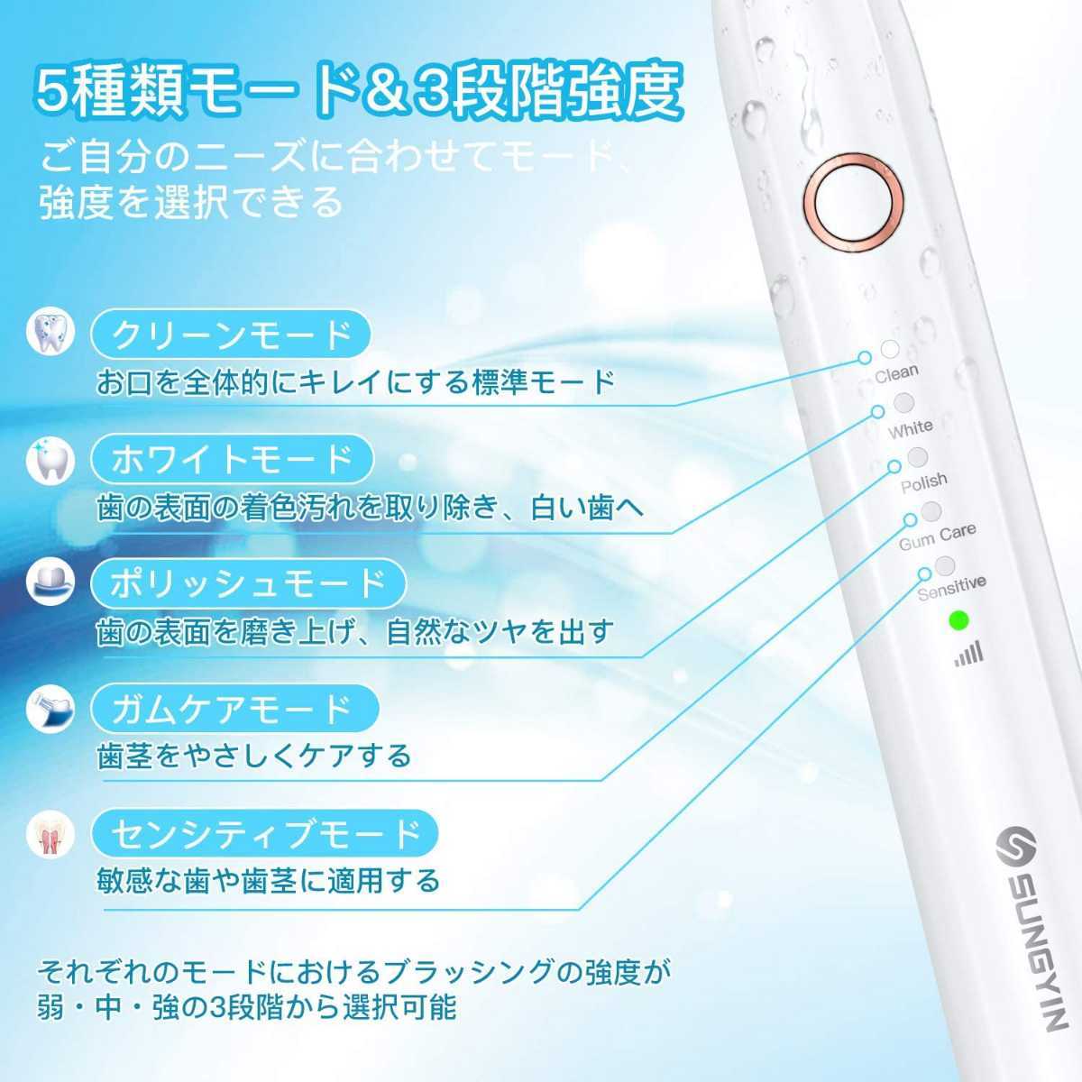 新品未開封☆2021モデル☆電動・音波 歯ブラシ☆ IPX8防水 5種類モード3段階強度調節 充電式 1200mAh メモリー機能 5本替えブラシ付