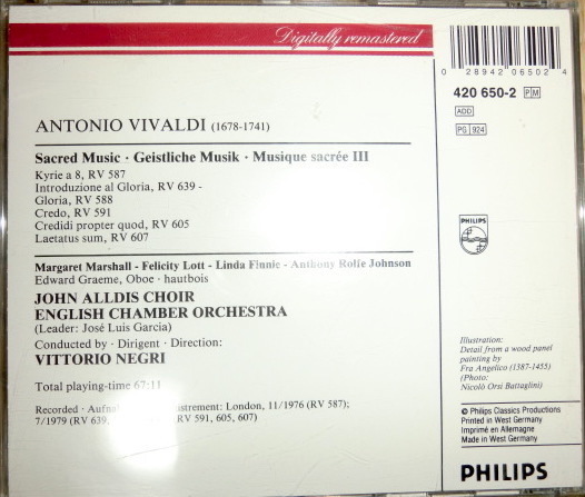 【中古CD 送料無料】 ヴィヴァルディ Vivaldi 宗教音楽作品集 3 ヴィットリオ・ネグリ キリエ_画像2