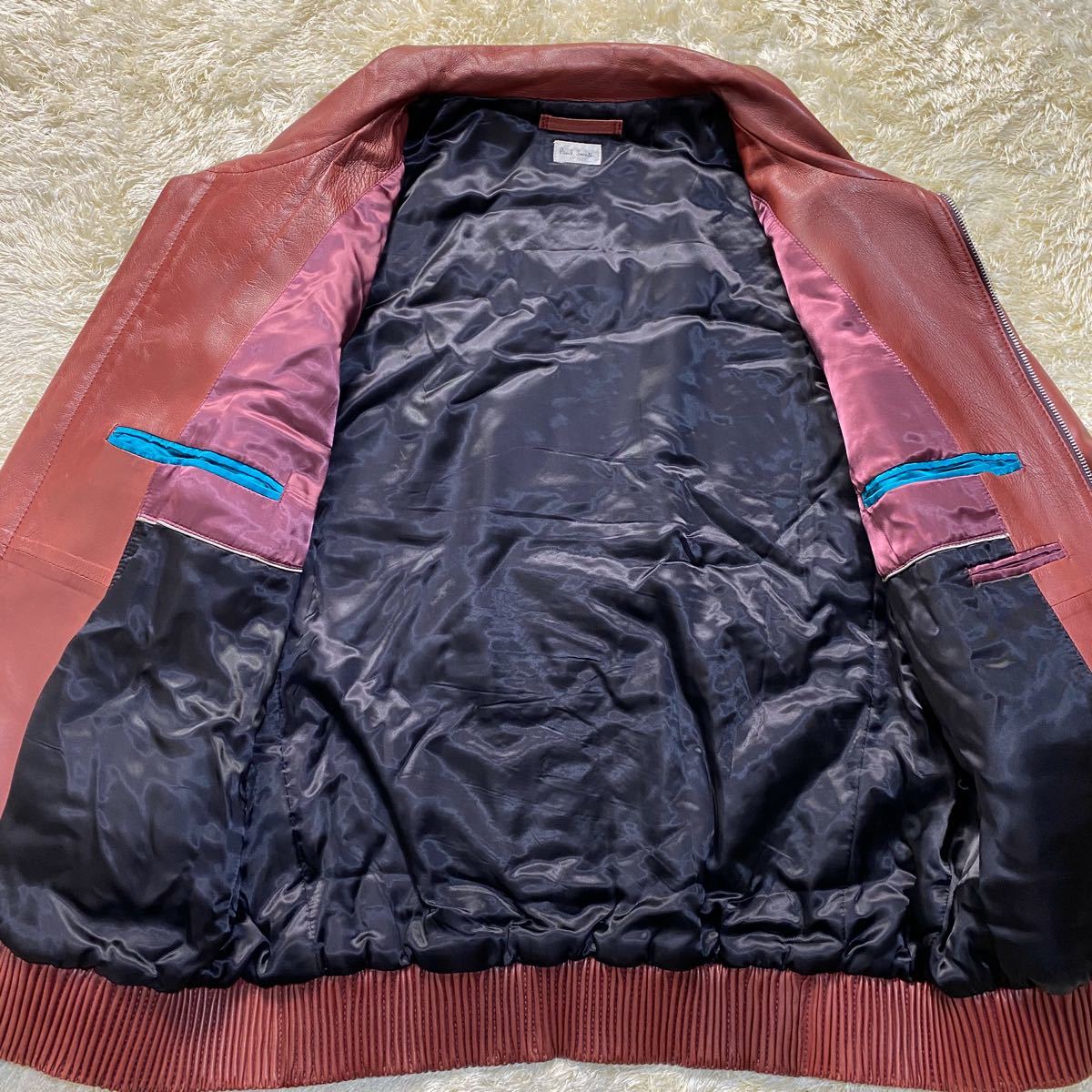 Paul Smith ポールスミス 本革 羊革 ラムレザー ライダースジャケット レザージャケット シングル ワインレッド L