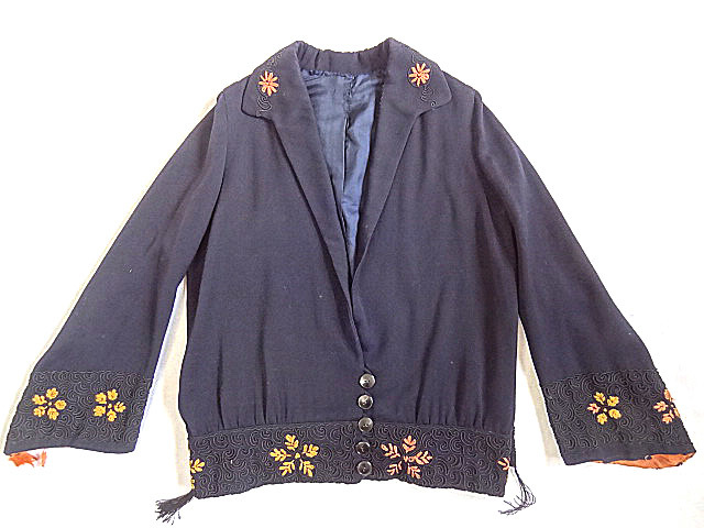 人気提案 30S 希少 ビンテージ 40S ブルー 珍品 袖 フレア レア 青 ジャケット ブルゾン シャツ ネイビー 装飾 刺繍 コード デザイン フラップ 変形 Lサイズ
