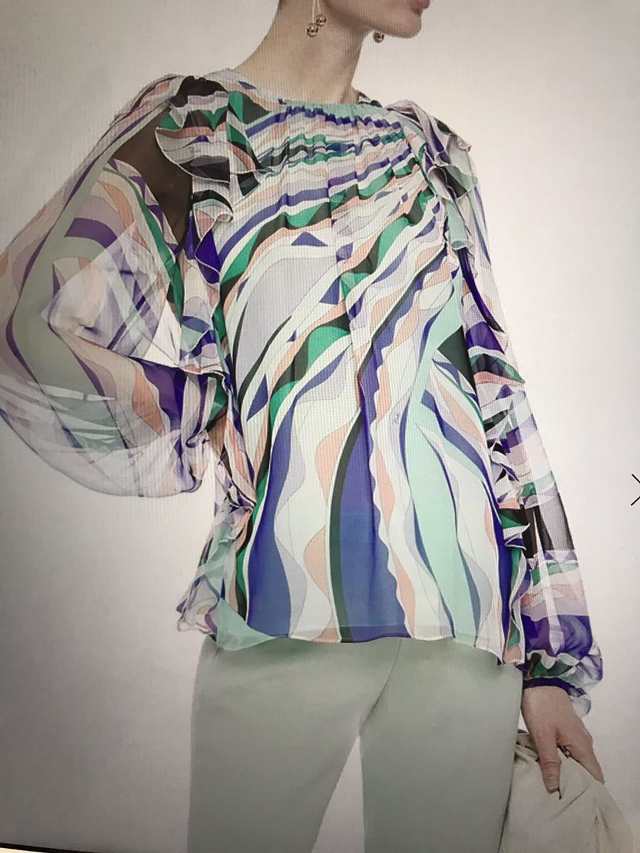 新品タグ付きエミリオプッチemilio pucci フリルブラウスIT40 シルク100%トップス　プッチ柄　エレガント_画像4