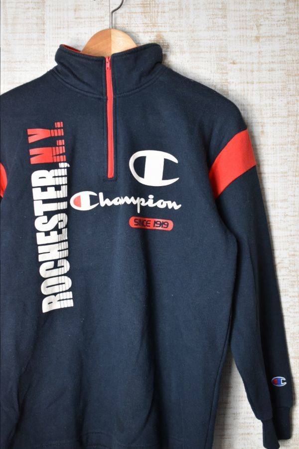 ☆90s 古着 Champion チャンピオン スウェット トレーナー ハイネック ジップアップ ラバープリント ネイビー紺【160(S)】裏起毛◆2875◆_画像1