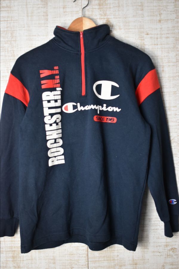 ☆90s 古着 Champion チャンピオン スウェット トレーナー ハイネック ジップアップ ラバープリント ネイビー紺【160(S)】裏起毛◆2875◆_画像2