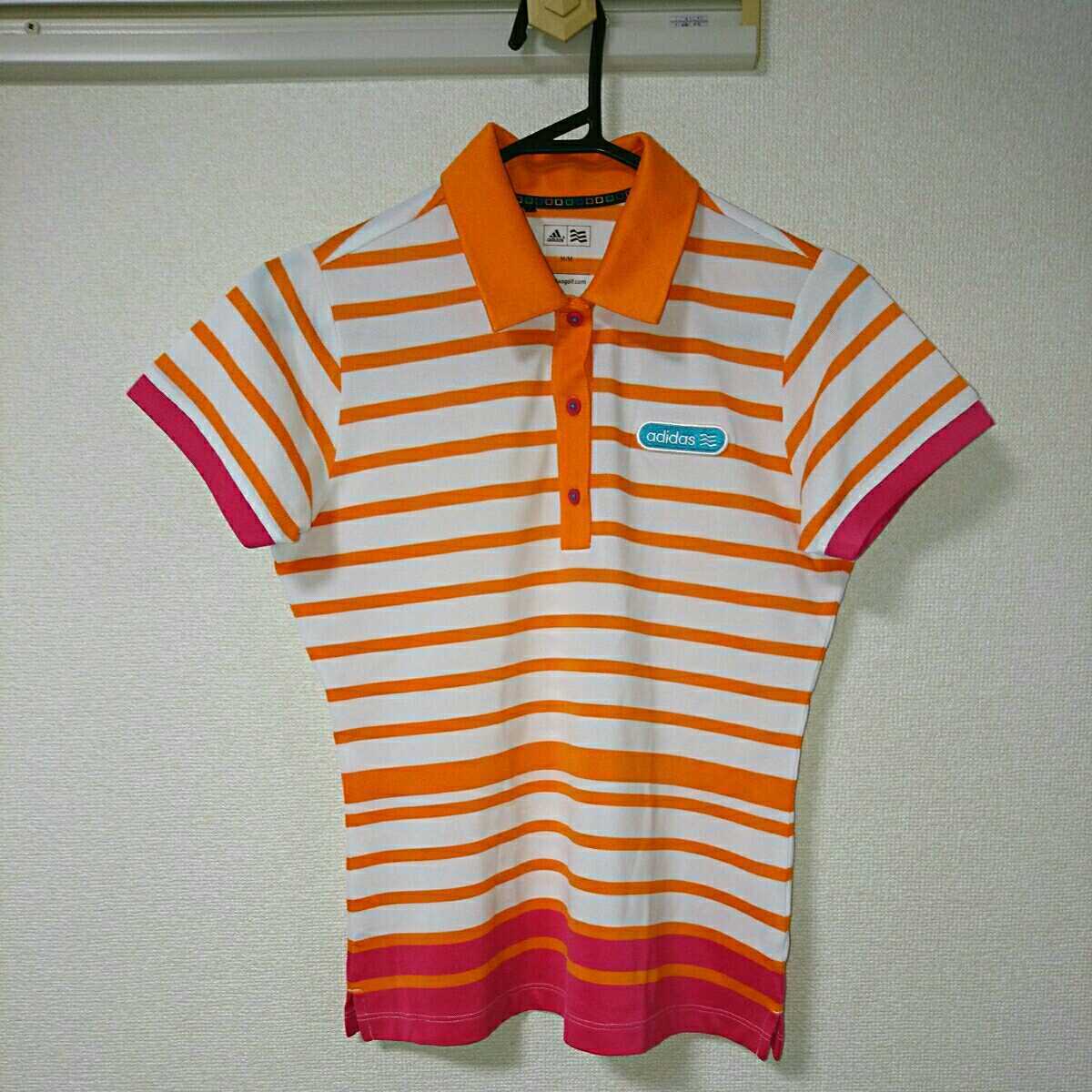adidas golf アディダスゴルフ スポーツ ゴルフ トレーニングウェア トップス シャツ 半袖 ポロシャツ 白 オレンジ ピンク ボーダー M/M_画像1
