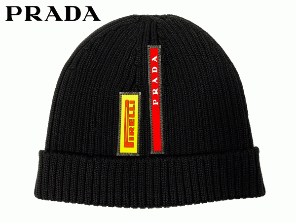  Prada PRADA LF18D NERO luna rosa Prada Pirelli Logo с биркой Nero черный шерсть вязаная шапка 