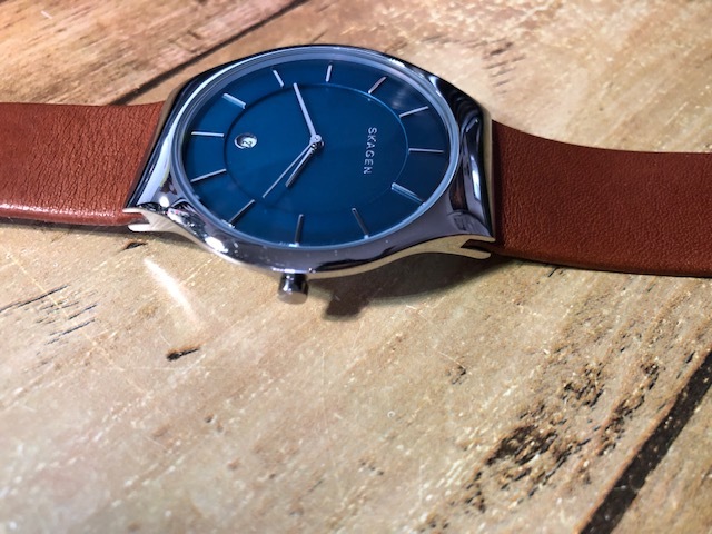 BK0236 良品 SKAGEN スカーゲン SKW6160 グレーネン デイト スリム シルバー×ブルーカラー 純正革ベルト クオーツ メンズ 腕時計_画像4