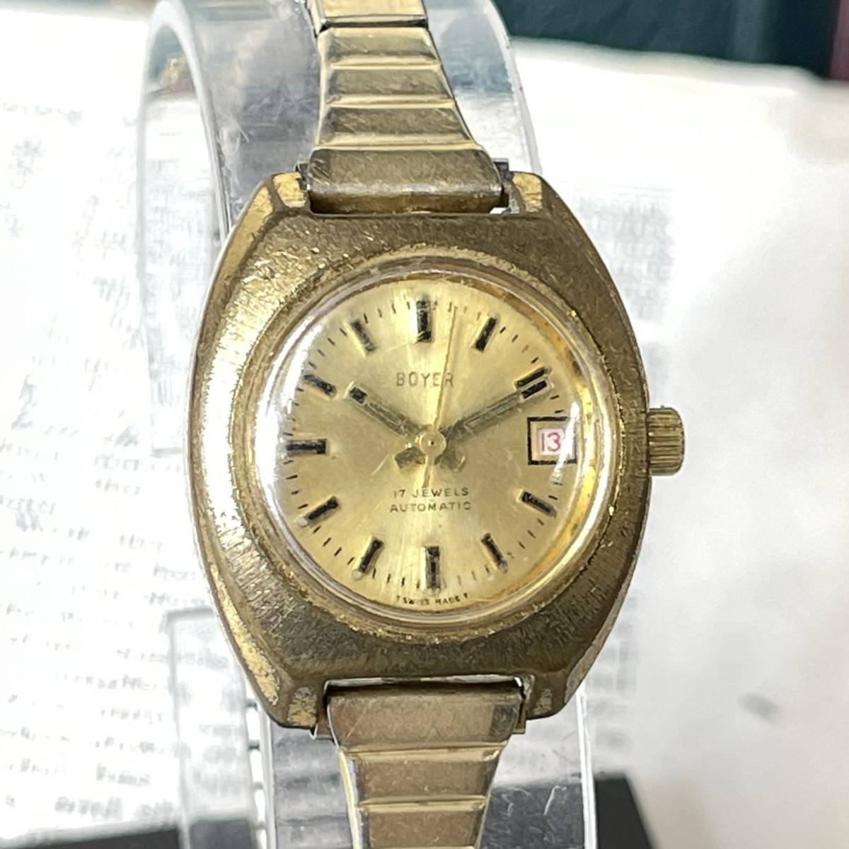 BOYER ボイヤー 腕時計 機械式 自動巻 17石 AUTOMATIC デイト ゴールドカラー SWISS MADE スイス レディース ビンテージ 稼動品 W1836_画像1