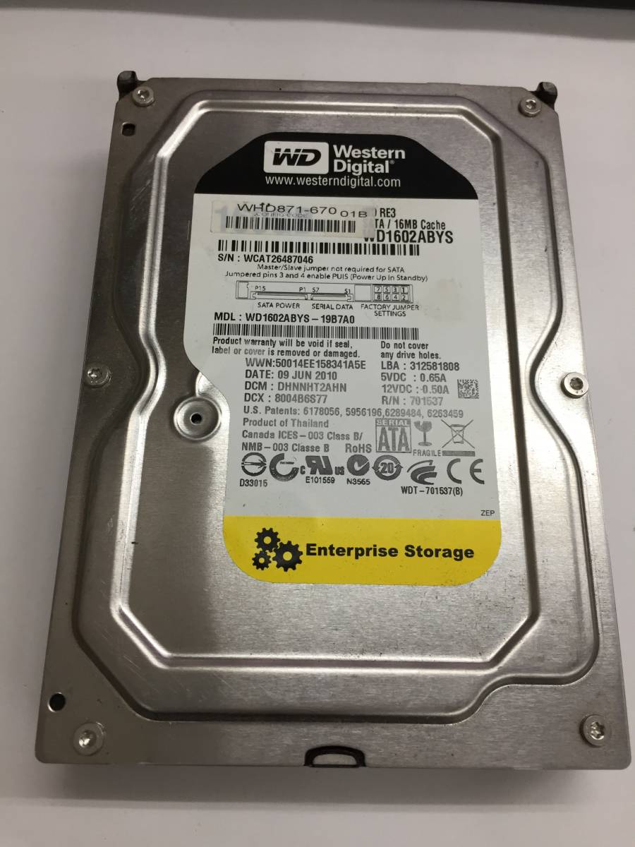 ♪22099時間 Western Digital 160GB WD1602ABYS　3.5インチHDD_画像1