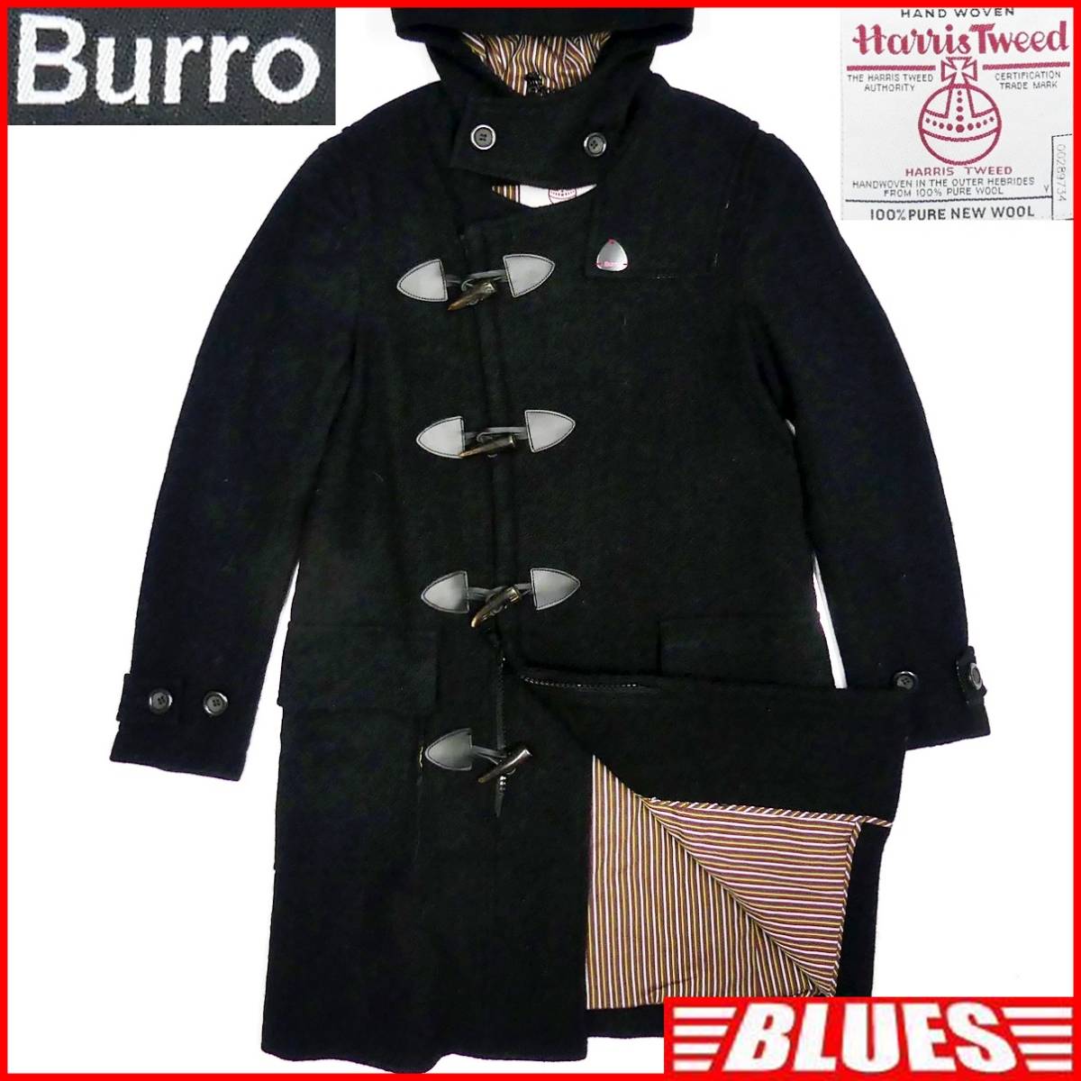 即決★Burro Harris Tweed 別注★メンズM ダッフルコート バーロウ ハリスツイード コラボ 黒 内地ストライプ ジャケット ロングコート