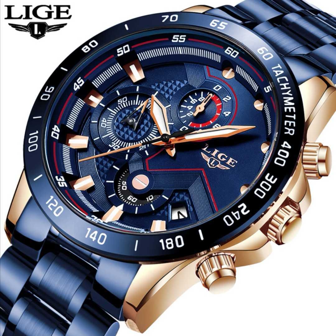 LIGE　メンズ腕時計　ゴールドケース　フルゴールドブルースチールバンド　クロノグラフ、自動カレンダー、防水、耐衝撃、発光　送料無料_画像1