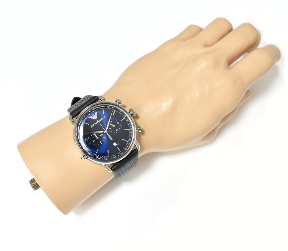 新品 エンポリオアルマーニ 腕時計 メンズ クロノグラフ 2ダイヤル ネイビー 革ベルト レザーベルト EMPORIO ARMANI 未使用