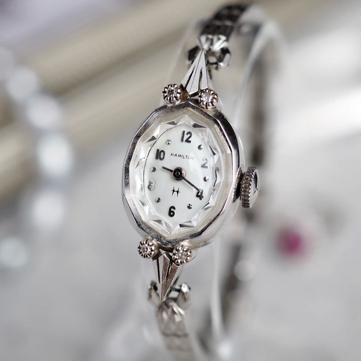 美品*Hamilton ハミルトン K10WG 金無垢 ダイヤ付 カットガラス* ヴィンテージ アンティーク レディース腕時計