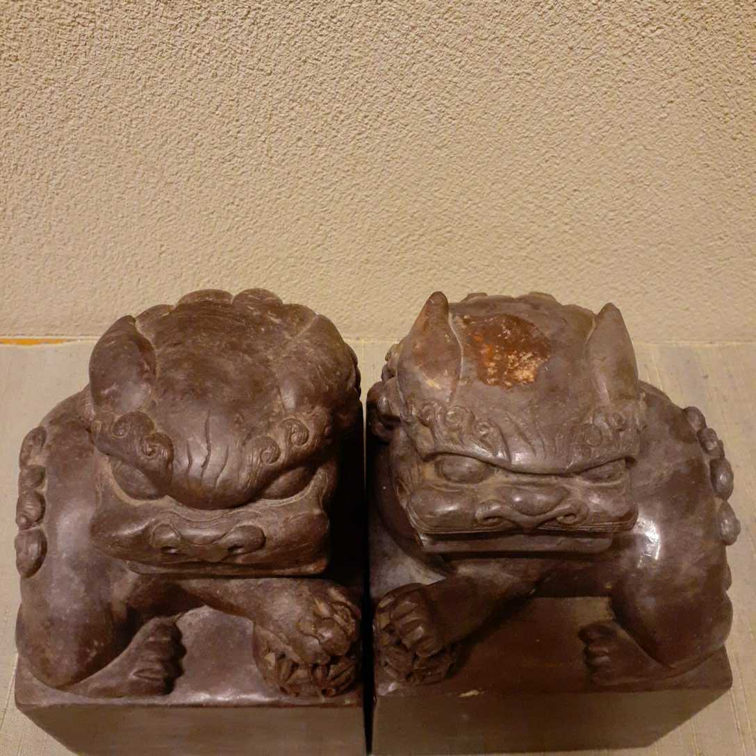 寿山石 ? 獅子 一対 中国 石 印章 約19cm×12.2cm×12.2cm