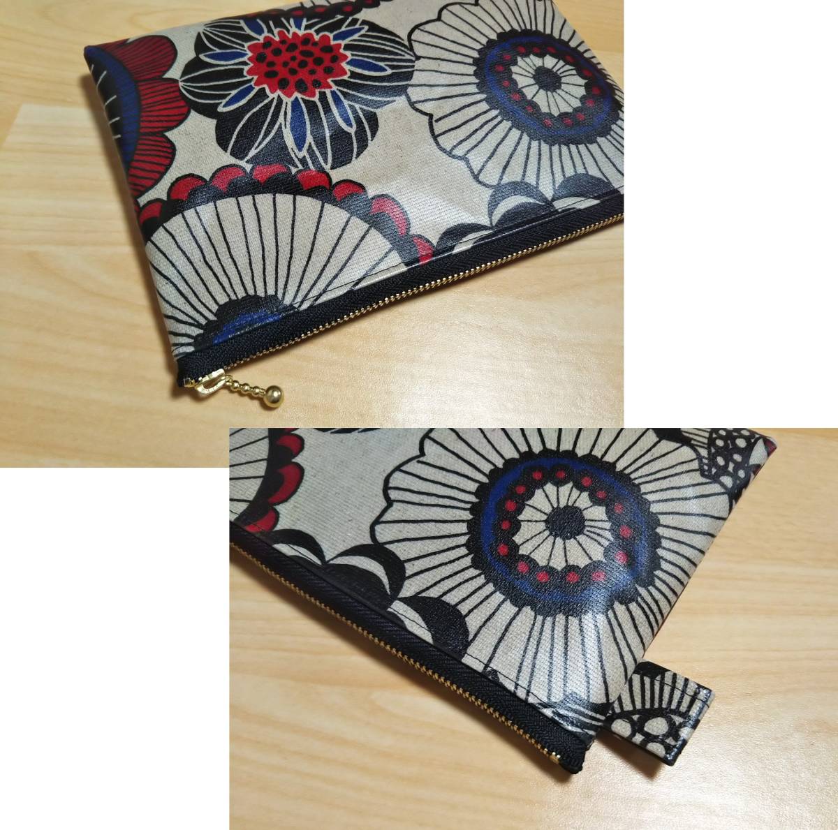 < mask case > Northern Europe half linen large . flower art red blue * mask pouch! laminate processing! passbook case! hand made 