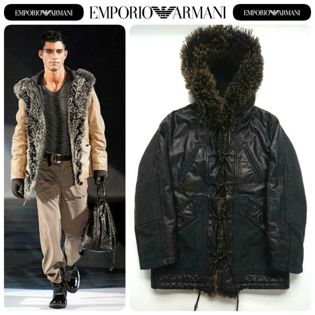 08AW EMPORIO ARMANI Emporio Armani высший класс натуральный мутон мех отделка кривошип . шерсть переключатель .kau кожа f- dead пальто 46/M прекрасный товар 