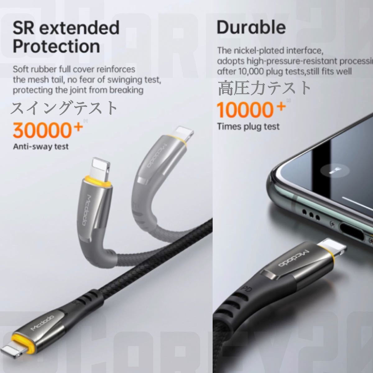 iPhone12 iPad 36w インジケーター付USB-C ライトニング ケーブル 高級 高品質 高耐久 ハイスペック 充電