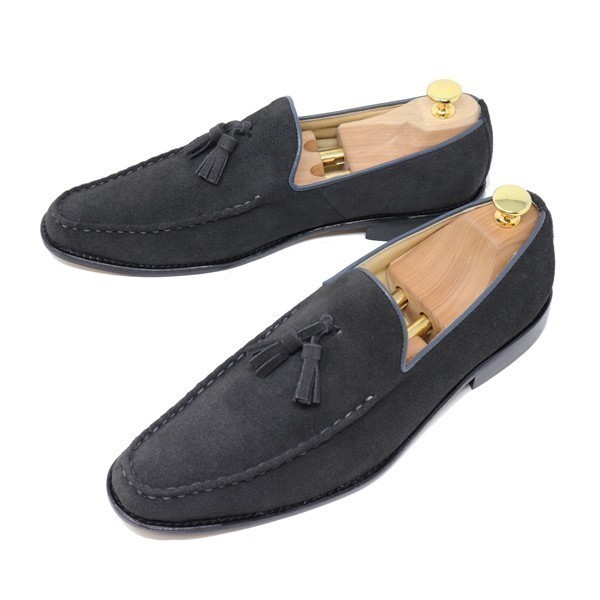  hand made men's 23.5cm original leather suede Loafer tassel slip-on shoes dark gray ma Kei made law black koba Italian S200