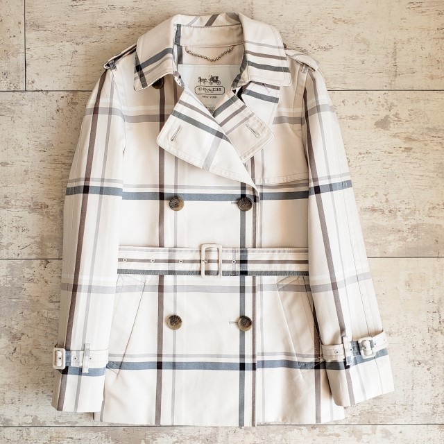 美品 コーチ coach トレンチコート チェック柄 XS ハーフ丈 オフ ...