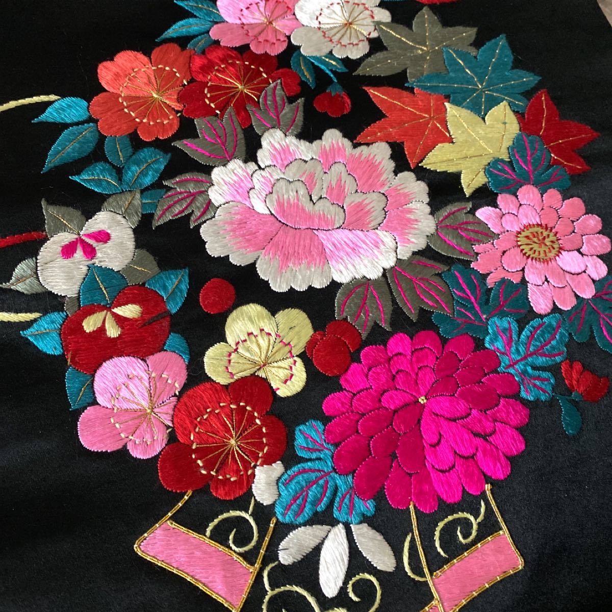◇未使用品 アンティーク帯 黒繻子 刺繍名古屋帯 正絹 黒地 大正ロマン◇