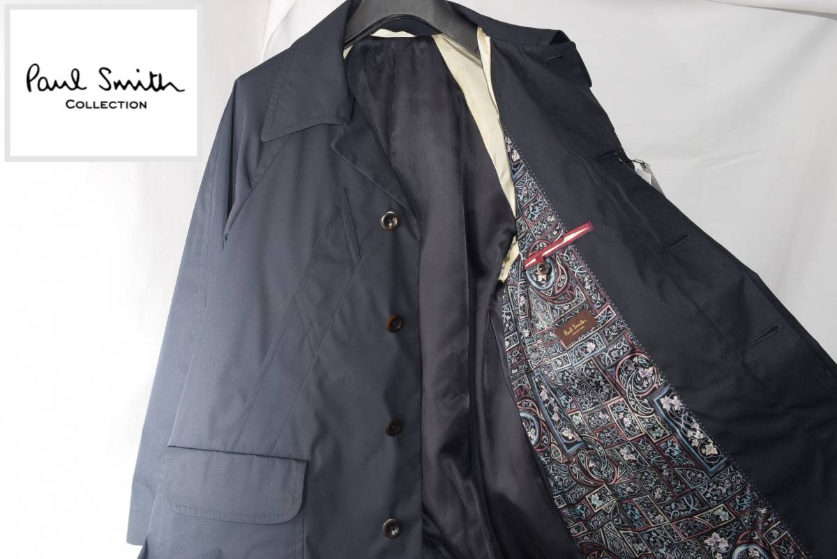 ☆新品未使用☆Paul Smith COLLECTION ステンカラーコート☆ネイビー☆花柄裏地☆Mサイズ（L）ゆき丈84㎝ 着丈98㎝_画像4