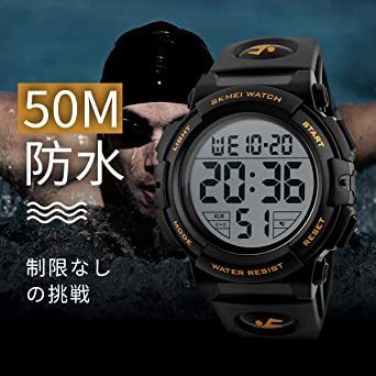 01-ゴールド 腕時計 メンズ デジタル スポーツ 50メートル防水 おしゃれ 多機能 LED表示 アウトドア 腕時計(ゴールド_画像5
