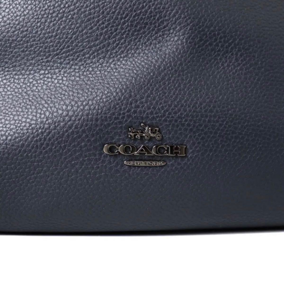 【付属品あり/美品】COACH コーチ レザートートバッグ肩掛け通勤紺 ネイビー本革トートバッグ PC入る大きめサイズ